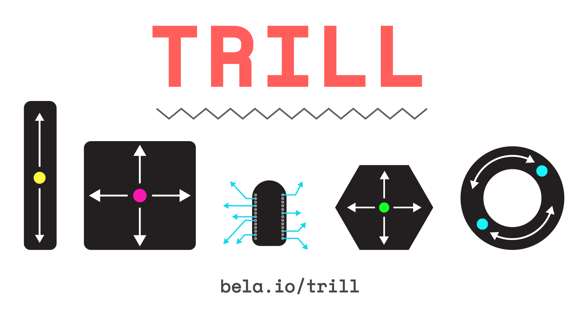 Trill promotion A graphic showing the Trill logo and 5 Trill sensors, with arrows showing the axes of touch sensing for each form factor.