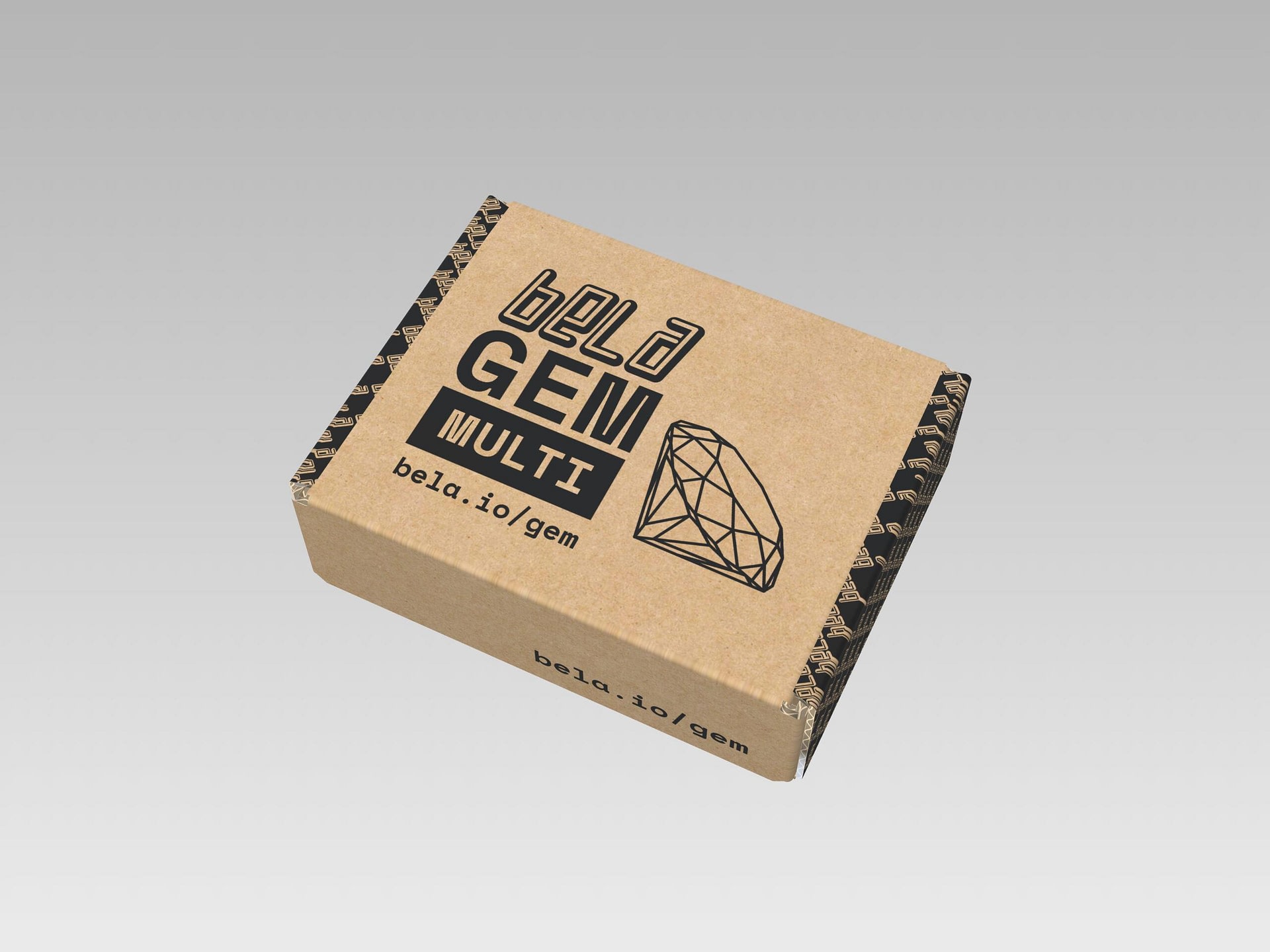 Bela Gem packaging mockup A digital rendering of the Bela Gem Multi packaging. It's a brown cardboard tuck box on a grey field, and the product name
