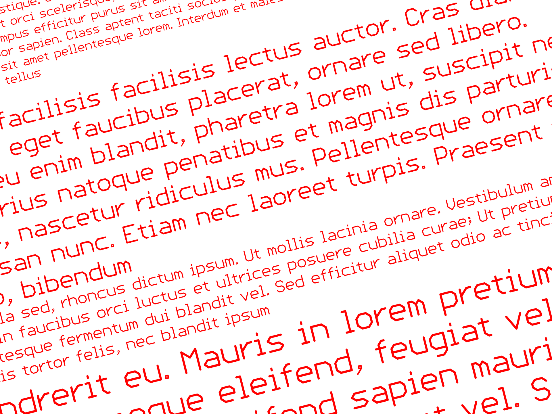 Little Character sample A sample of Little Character font, with Lorem Ipsum text in various sizes. The text is at a 30 degree angle, red text on a white field.