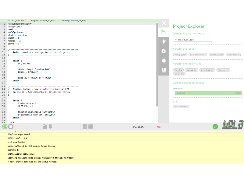 Bela IDE, v1 A screenshot of the Bela IDE, v1. It has an editor window on the left, tabbed browsing on the right, and a console along the bottom.